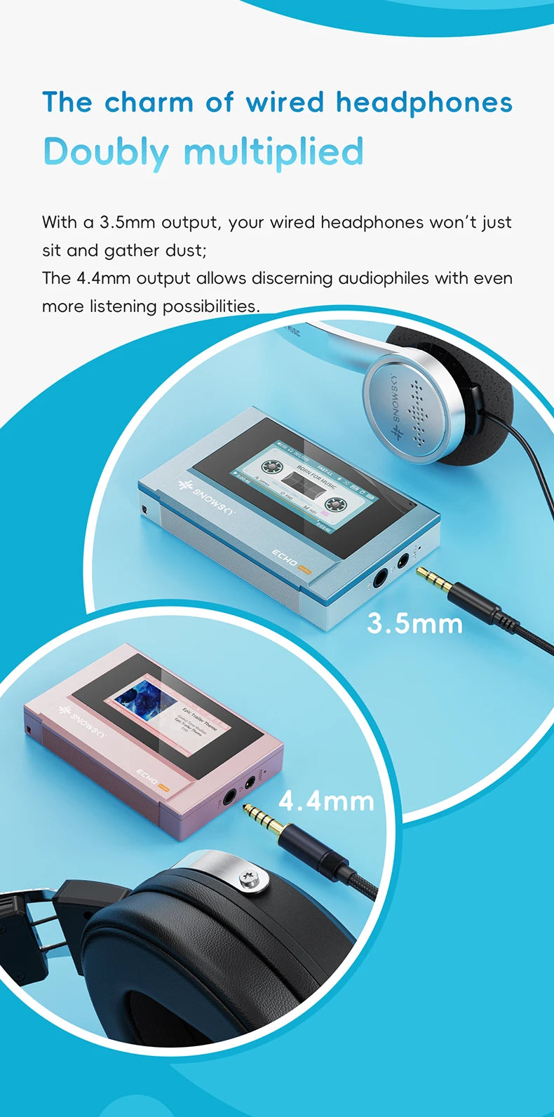 SnowSky/FiiO Echo Mini HiFi Bluetooth MP3 Pure Music Player, 15 godzin odtwarzania, wyjście słuchawkowe 3,5 mm/4,4 mm