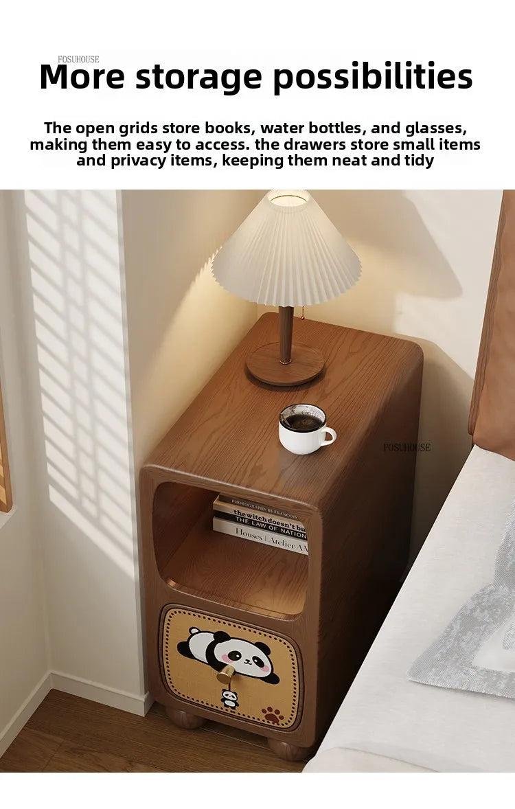Cartoon Panda Solid Wood Children's Nightstands for Home Child's Bedside Tables Narrow Storage Cabinets for Children Furnitures