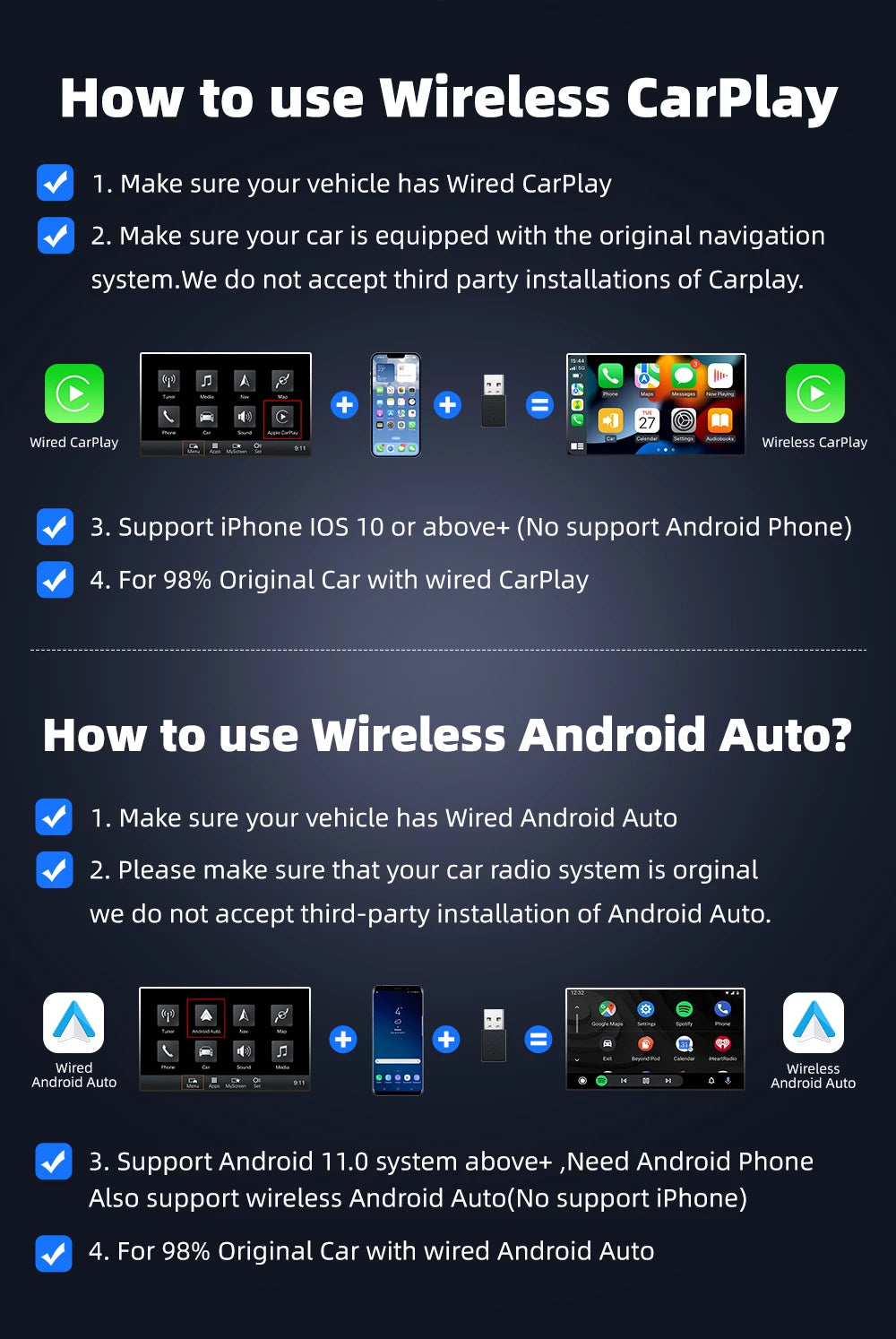 EKIY 2in1 Wireless CarPlay Adapter Wireless Android Auto Dongle AI Smart Box Car Intelligent Systems For Car With Wired CarPlay