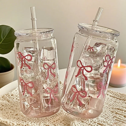 500Ml Pink Bow Print Water Bottle Drinking Can Iced Hot Coffee Juice Plastic Cup Pink Bowknot Tumbler Cup Straw Cup