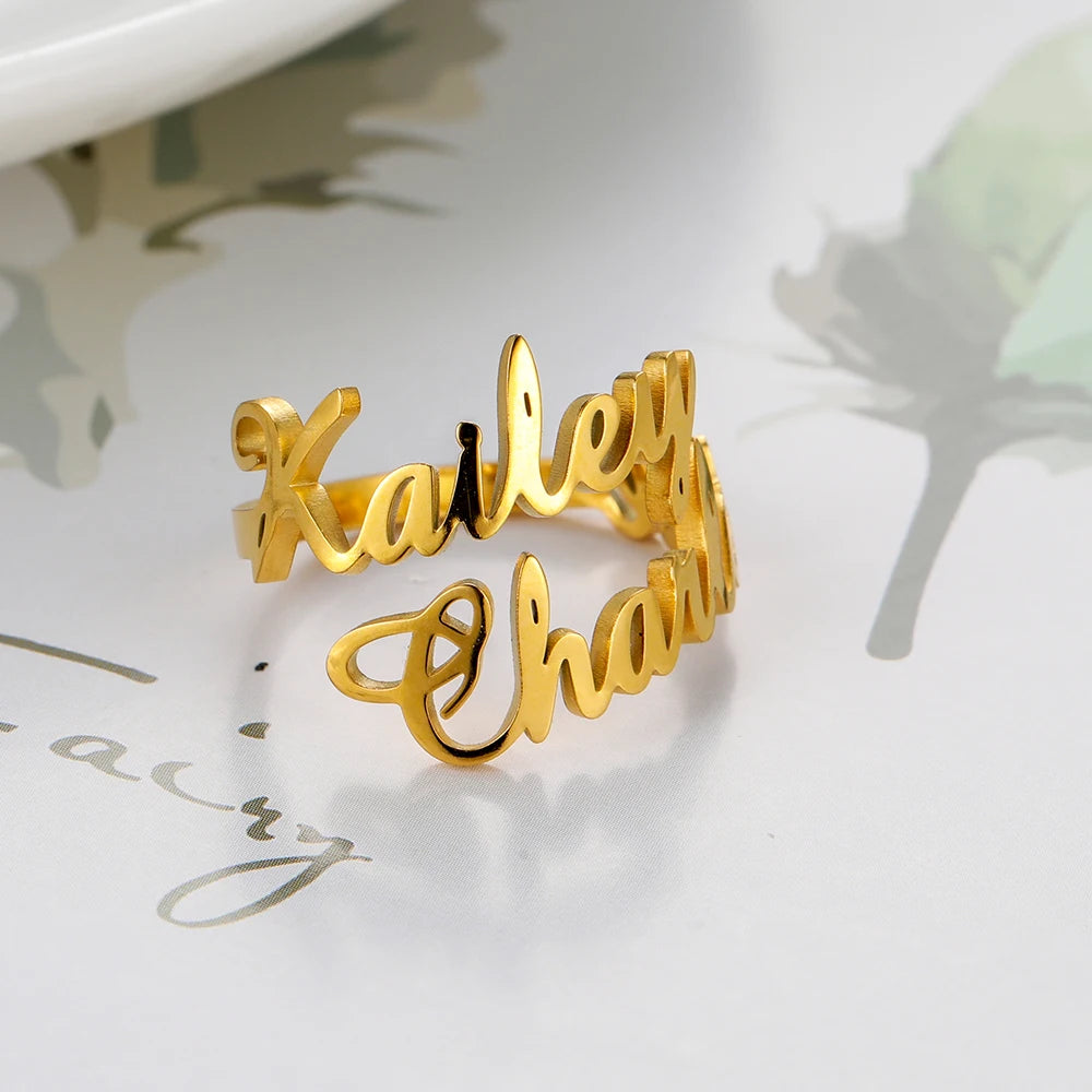 Custom Double First Name Finger Ring For Women Men Personalized Couple Wedding Gift Gold Color Stainless Steel Open Ring Jewelry