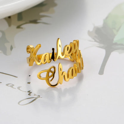 Custom Double First Name Finger Ring For Women Men Personalized Couple Wedding Gift Gold Color Stainless Steel Open Ring Jewelry