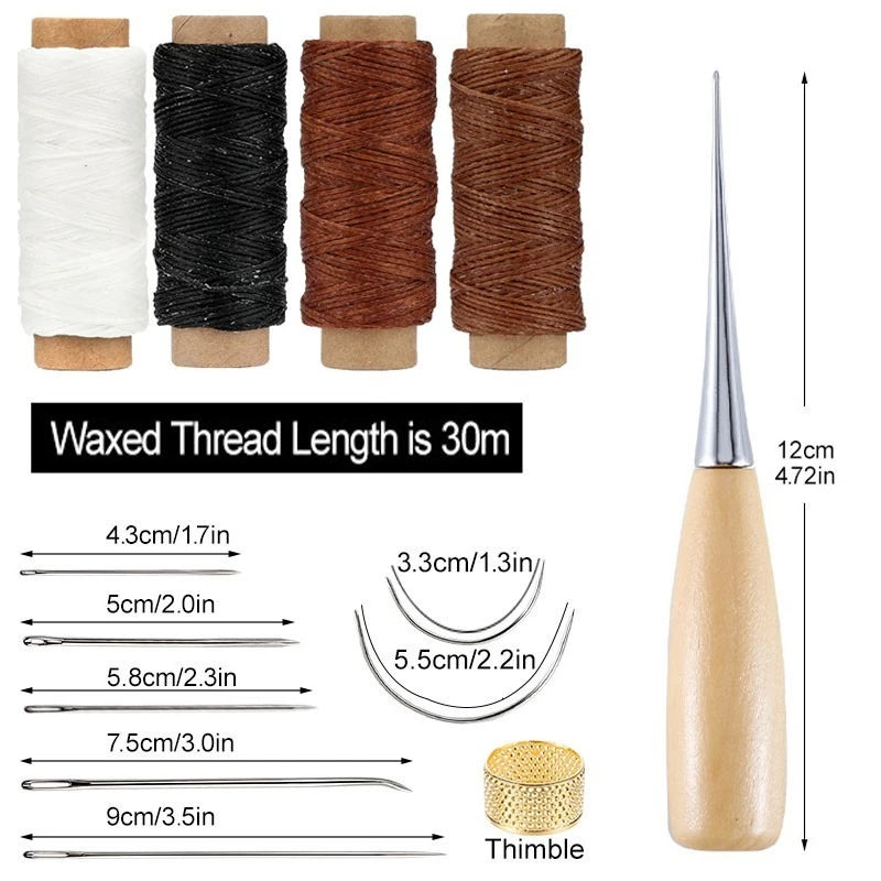 13 Pcs Leather Sewing Set Handbag Shoe Handmade Sewing Repair Kit with Awl Waxed Thread Stitching Needles Thimble for Home Leat