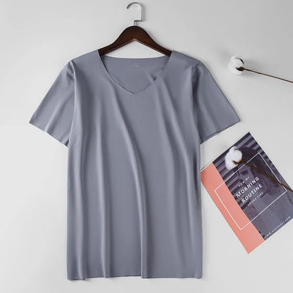 1pcs Men T-shirts Ice Silk Traceless Slim T Shirt For Man Seamless Casual V-neck Short Sleeve Tee Male Summer Thin Clothing Tops