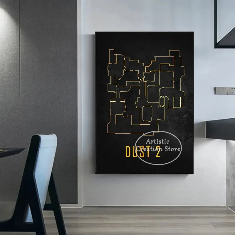 Cs Go Maps Poster First Person Shooter Game Dust 2 Nuke Map Black Print Canvas Painting Wall Pictures for Game Room Wall Decor