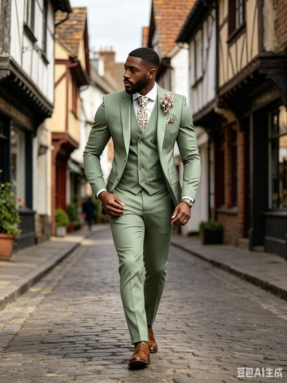 High Quality Green Business Men Suits Slim Fit Male Clothing Elegant Wedding 3 Piece Two Buttons Jacket Vest Pants Party Sets