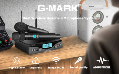 Wireless Microphone G-MARK G320AM Professional UHF 2 Channels Karaoke Mic Handheld Automatic Frequency Adjustable 100M