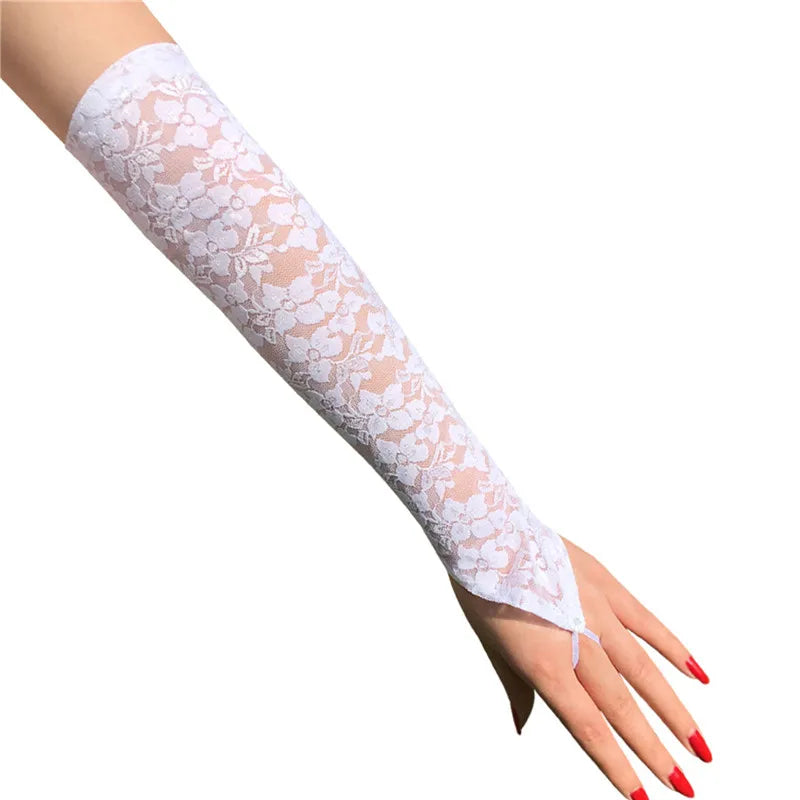1 Pairs Lace Embroidered Hollow-Out Gloves Women Sun Protection Thin Arm Sleeve Nightclub Sexy Accessories Cosplay Gloves White