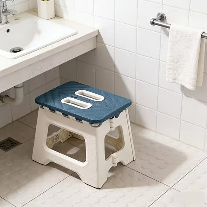 Portable Folding Footstool Stool - Lightweight Sturdy Plastic Square Step Stool with Anti-Slip Base & Handle, Compact Design