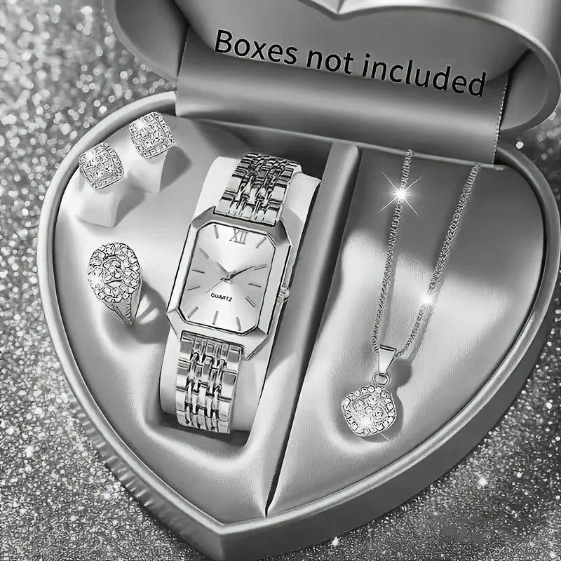 5PCS/Set Elegant Rectangle Women Watches Fashion Roma Dial Ladies Quartz Wristwatch Rhinestone Jewelry Set（Without Box）
