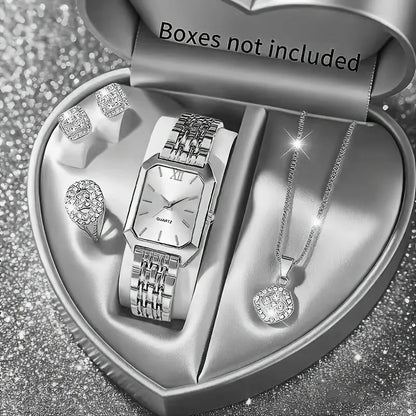 5PCS/Set Elegant Rectangle Women Watches Fashion Roma Dial Ladies Quartz Wristwatch Rhinestone Jewelry Set（Without Box）