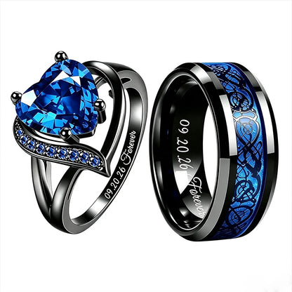 Personalized Couple Rings Set Custom Engraved Heart Cubic Zirconia Engagement  Ring Birthday Gift Wedding Rings Jewelry