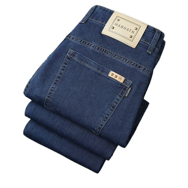 Men's Thin Jeans Spring Summer Fashion Breathable Cotton Blend Solid Color Business Casual Pants Simple Versatile Work Commute