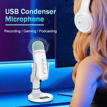 Haomuren Professional White USB Condenser Microphone Studio Recording Mic for PC Computer Phone Gaming Streaming Podcast Youtube