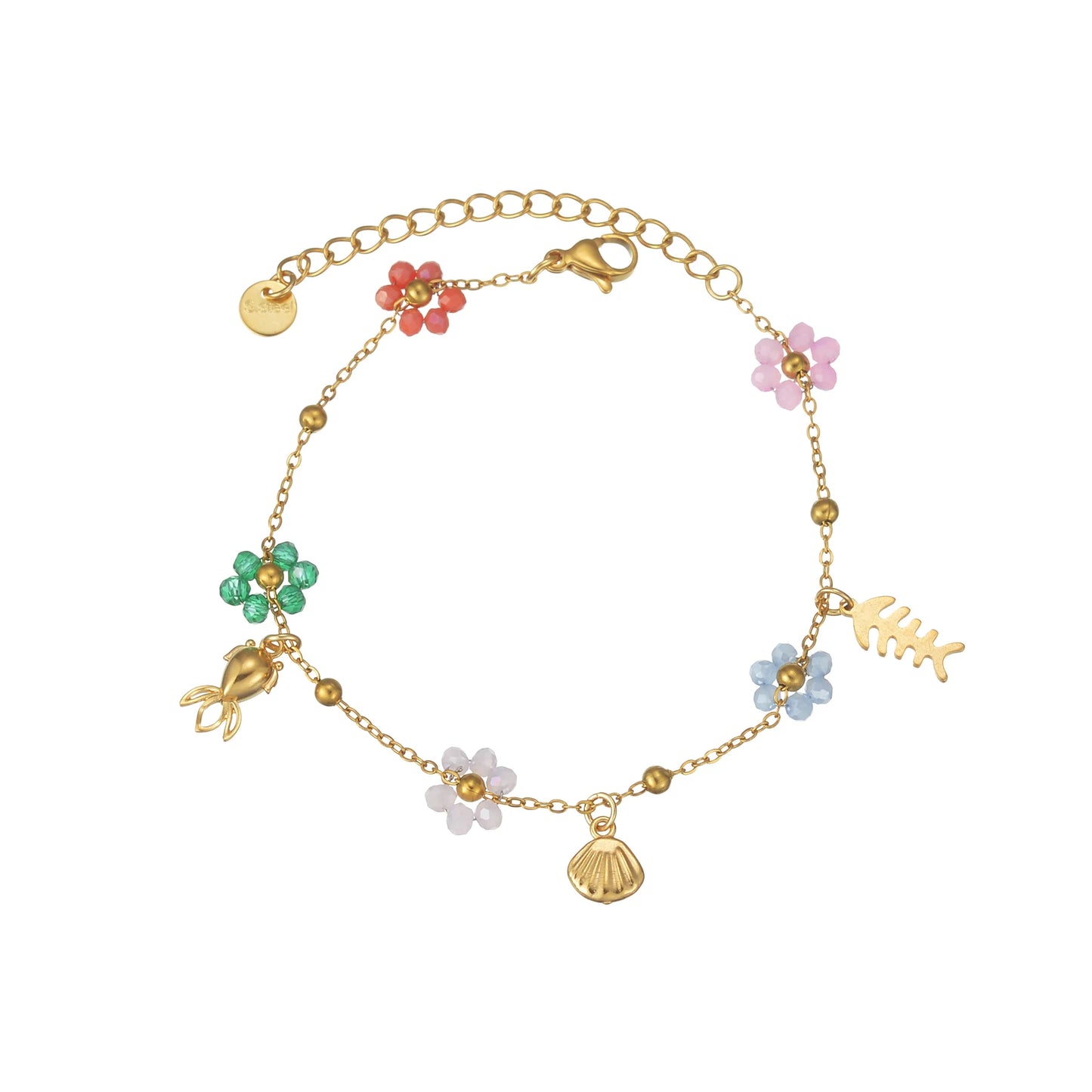 Freeteeme Fashion Colorful Flower Bracelet for Women Girls Stainless Steel Jewelry Gold Color Beads Chain Valentine's Day Gift