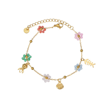 Freeteeme Fashion Colorful Flower Bracelet for Women Girls Stainless Steel Jewelry Gold Color Beads Chain Valentine's Day Gift