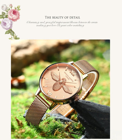 Hannah Martin 2023 New Women Luxury Watch Rose Gold 31mm Classic Casual Girl Dress Watch Bracelet Set 3D Engraved Bee Dial Clock