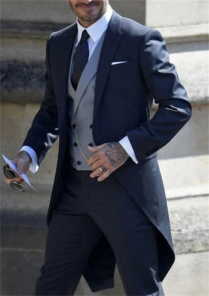 Italian Gentleman Style (Jacket +Pants +Vest)  Wedding Man Long Tail Coat Groom Prom Tuxedos Formal Mens Suits terno masculino