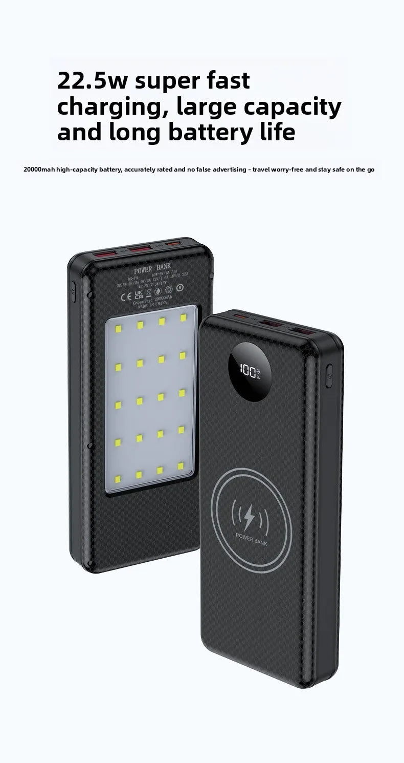 22.5W Fast Charging & Wireless Charging 18650 Battery Power Case - 8x18650 Battery Holder with Outdoor Camping LED Light
