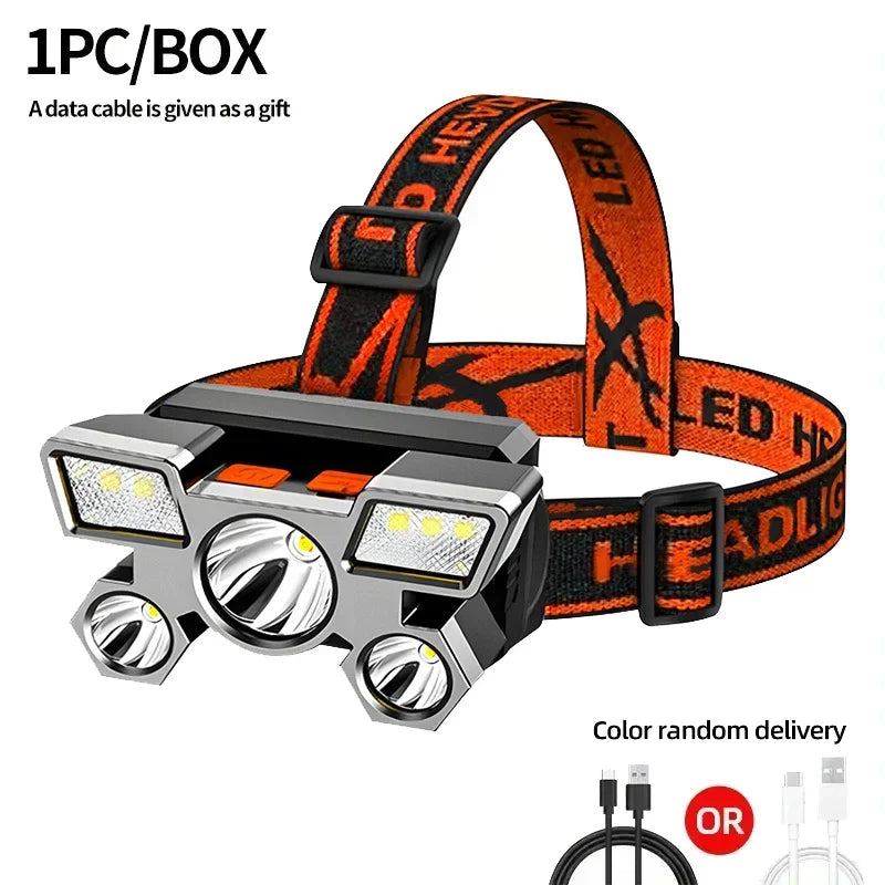 5*LED High Power Headlamp, Super Bright Rechargeable Fishing Camping Light, Long Distance Head Mounted Mining Lamp, Flashlight