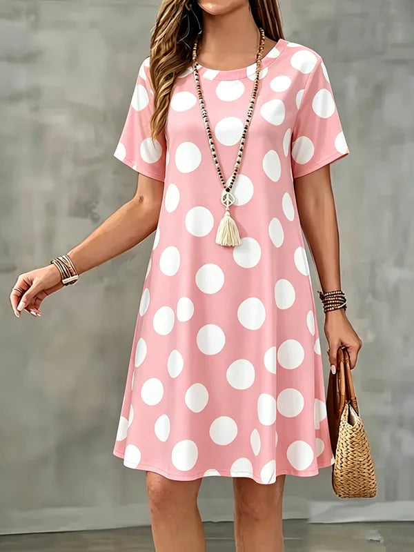 New Summer Women Dress Polka Dots Print Short Sleeve O-Neck  A-Line Dress Casual Loose Beach Sundress