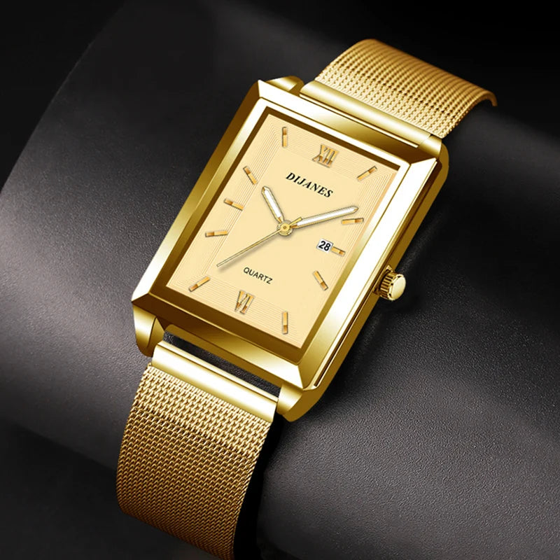 Men's Calendar Date Sport & Leisure Leather Clock 2023 Luxury Business Golden Stainless Steel Mesh Band Quartz Man Watches