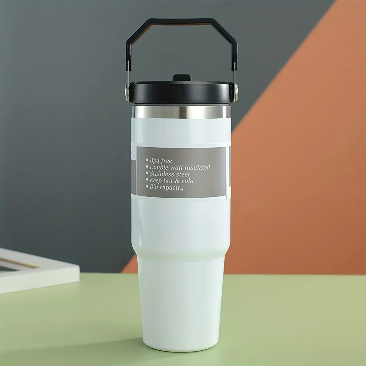 30oz Large Capacity Portable Car Cup Stainless Steel Thermos Cup with Straw & Handle Travel Sports Water Bottle Vacuum Flask