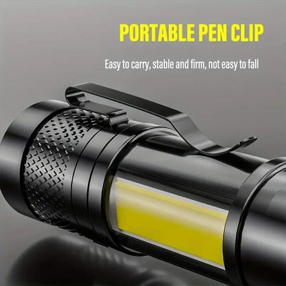 LED+COB Portable Flashlight Zoomable Small Torch USB Rechargeable Outdoor Camping Fishing Long Range Camping Emergency Lantern