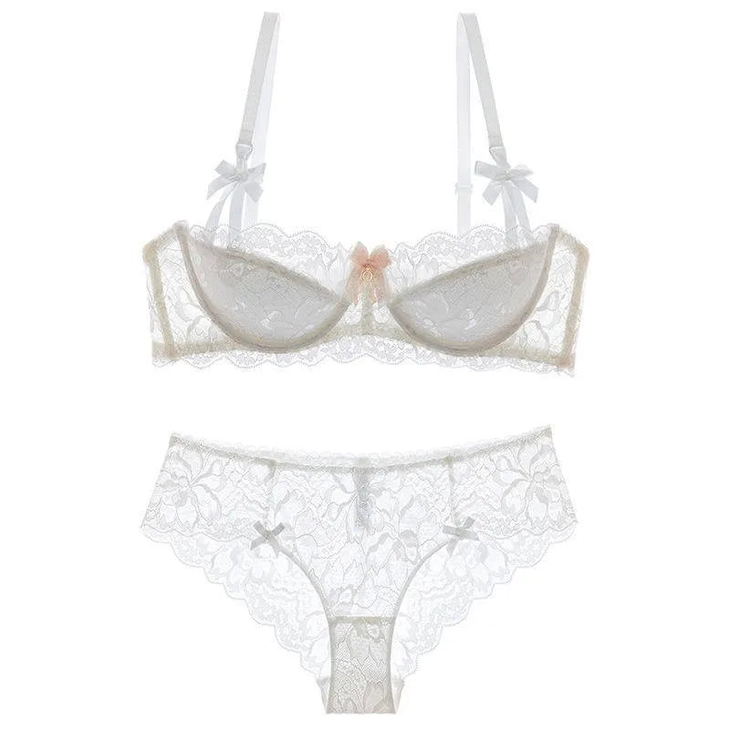 French Pure Passion Bow Shaped Shoulder Strap Lace Sexy Half Cup Push Up Bra Set Women's Thin Lingerie Big Breast Small Cup S-XL