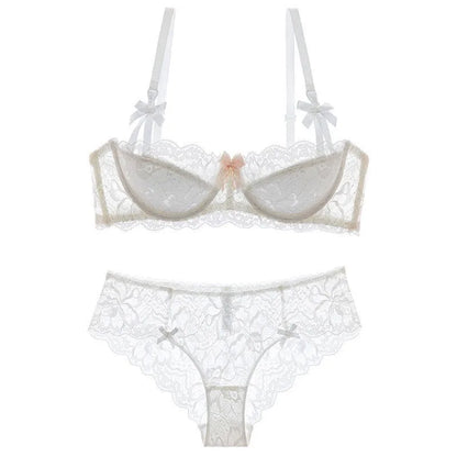 French Pure Passion Bow Shaped Shoulder Strap Lace Sexy Half Cup Push Up Bra Set Women's Thin Lingerie Big Breast Small Cup S-XL