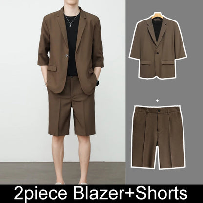 KIDWHXR Summer Men Outfit Thin Breathable Solid Color Male 2-piece Suit Set Loose Business Casual Man Short Sleeve Suits
