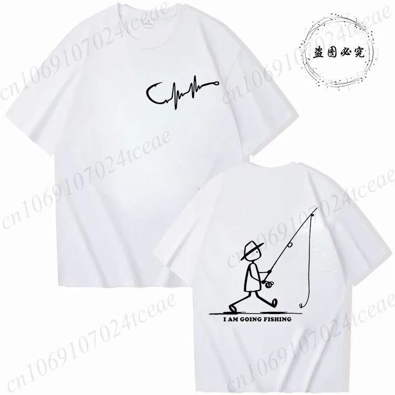 Men's Fishing Graphic T-shirt Black with Fisherman Front Back Print T-Shirts Summer Tee Fishing Trip Personality Male Tee Tops