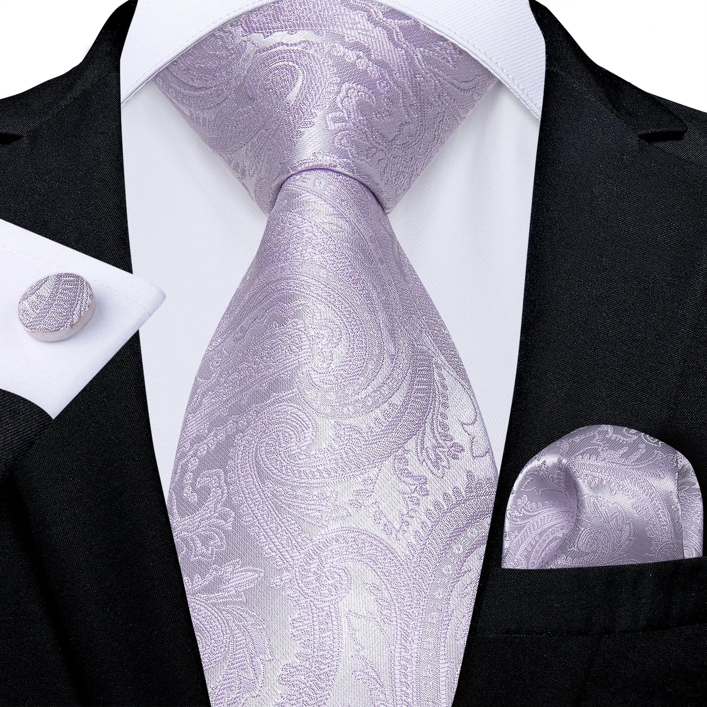 Black And Silver Paisley Floral Men's Ties Gray Blue Pink Wedding Accessories Neck Tie Set Handkerchief Cufflinks Gift For Men