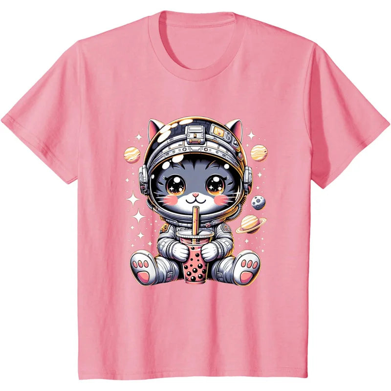 Astronaut Cat Pattern T Shirt For Women Cute Animal 3D Printed Short Sleeves Summer Leisure Tees Round Neck Loose Tops T-Shirts