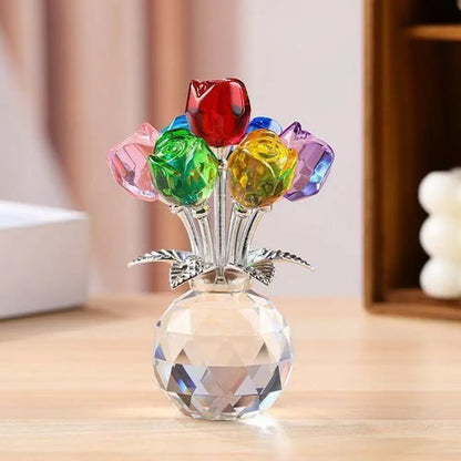 Creative Crystal Rose Sculpture Reflect Colorful Rose Bouquet Ornaments Small Handmade Crystal Rose Bundle Mother's Day