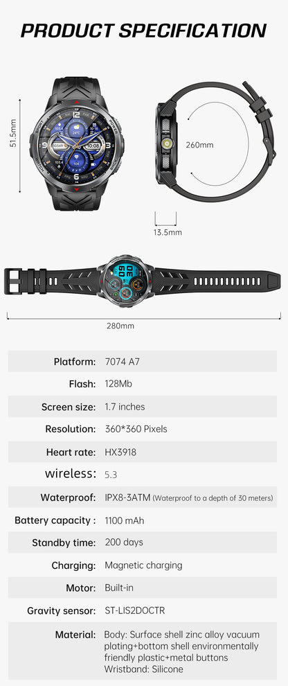 LIGE 1100mAh Military Outdoor Smart Watch Men 1.7" Large Display Compass Sports Watch IP68 Waterproof Bluetooth Call Smartwatch