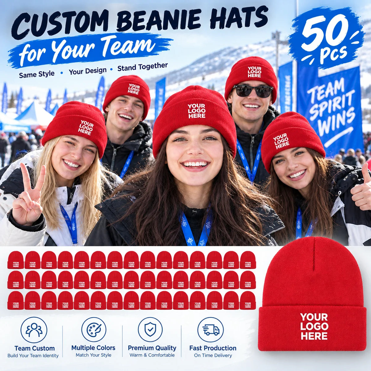 50 custom knit hats, can print personal or team logos, perfect for teams, companies, events, and group gifts