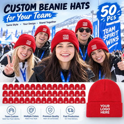 50 custom knit hats, can print personal or team logos, perfect for teams, companies, events, and group gifts