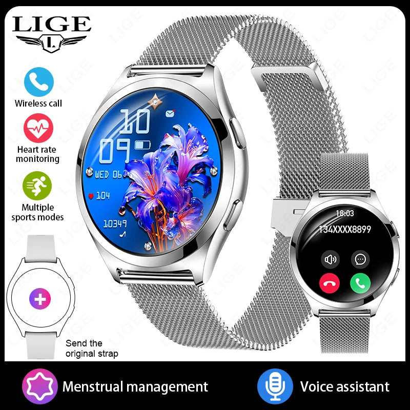 LIGE Luxury Smart Watch For Woman 1.27" Bluetooth Call Custom Dial Women's Bracelet Sports Health Monitor Smartwatch Ladies Gift