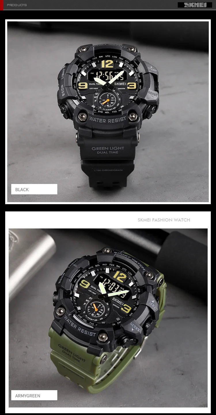 Skmei Dual Movement 3 Time Sport Wristwatch Mens Waterproof Electronic Watches Montre Homme Shockproof Digital Men Watch 1637