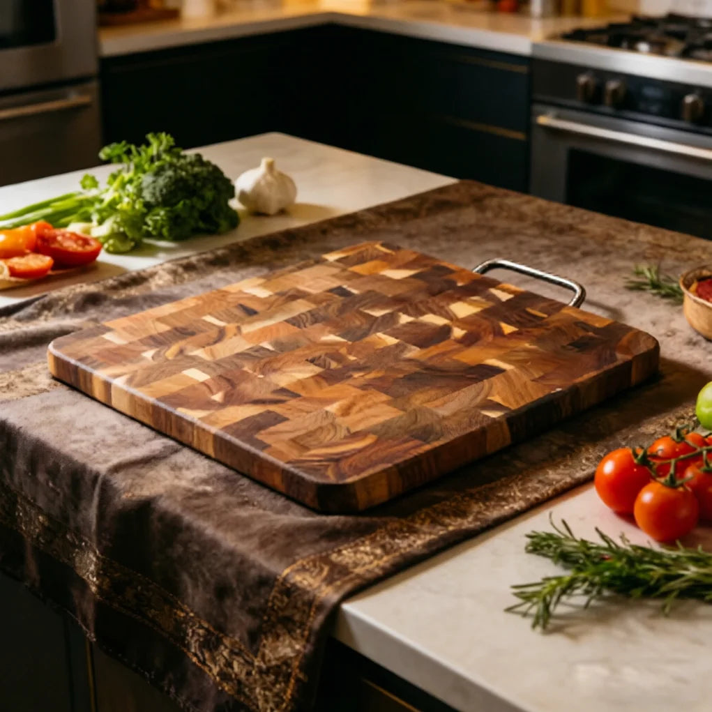 Large Acacia Wood Cutting Board, Checkerboard End Grain Butcher Block, Thick Reversible Wooden Chopping Board with Metal Handle