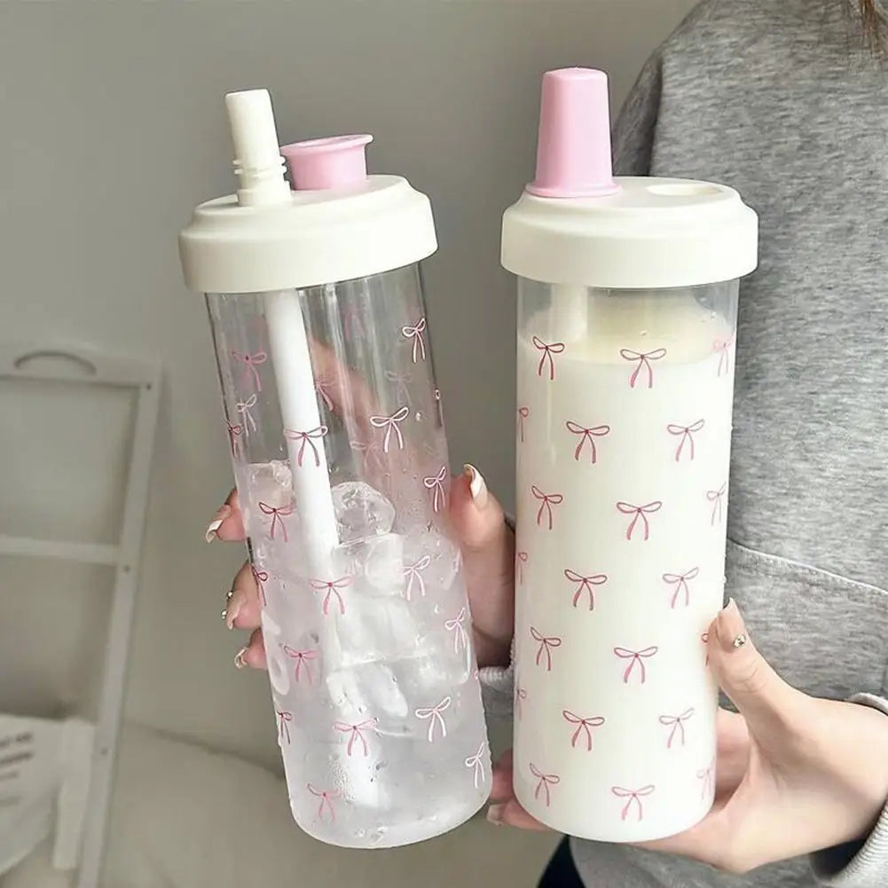 500/700Ml Pink Bow Water Cup With Straw Coffee Bubble Milk Tea Plastic Cup Large Capacity Students Water Bottle Straw Bottle