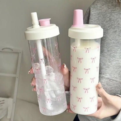 500/700Ml Pink Bow Water Cup With Straw Coffee Bubble Milk Tea Plastic Cup Large Capacity Students Water Bottle Straw Bottle