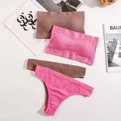 Women Strapless Bra And Panties Set Sexy Lingerie Push Up Bra Top Female Rib Tube Bra Low Waist Seamless Underwear Set