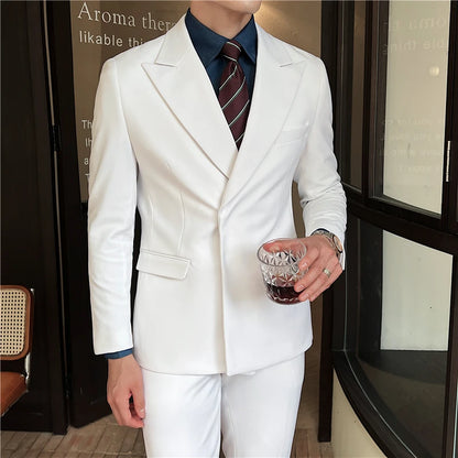 2024 Slim Fit Solid Color Suit Set British Style Fashion Handsome Light Luxury Two-Piece Ensemble