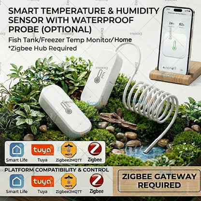 Zigbee 3.0 Temperature Humidity Sensor With External Temp Probe Smart Thermo Hygrometer For Plants Aquarium Freezer Need Gateway