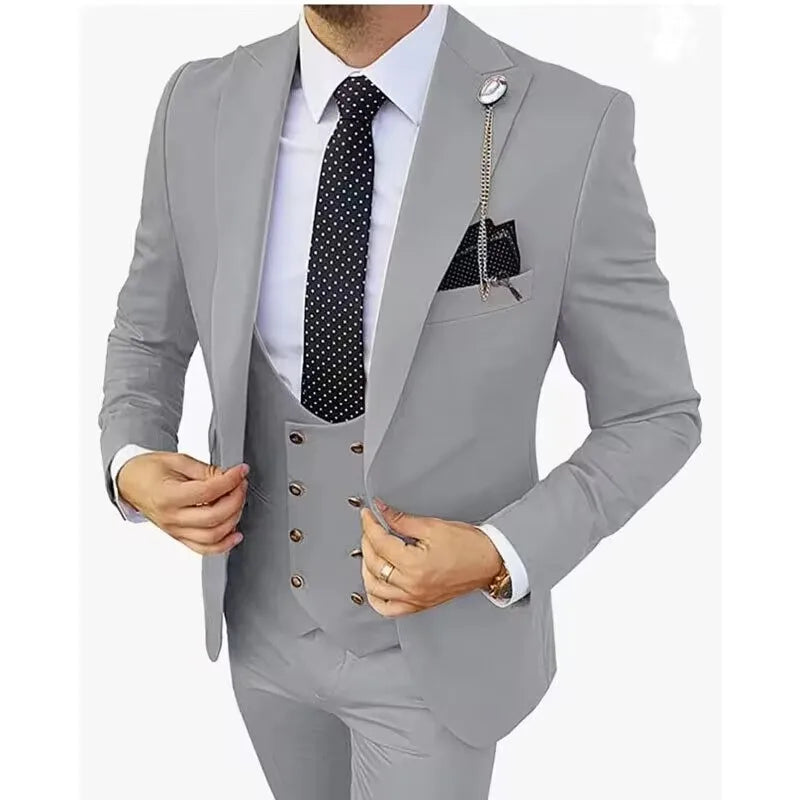 Solid Men's 3 Piece Suit Slim Fit Men Tuxedo Suit Party Wedding Prom Business One Button Peak Lapel Blazer Jacket Vest Pants Set