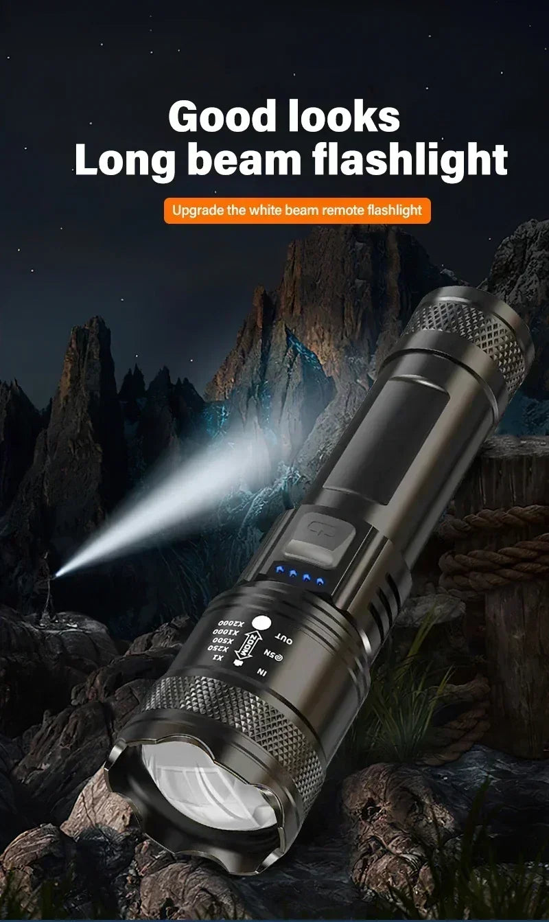 Super Bright LED Flashlight Type-C Rechargeable Long Range Tactical Torch Outdoor Waterproof Emergency Camping Fishing Lantern