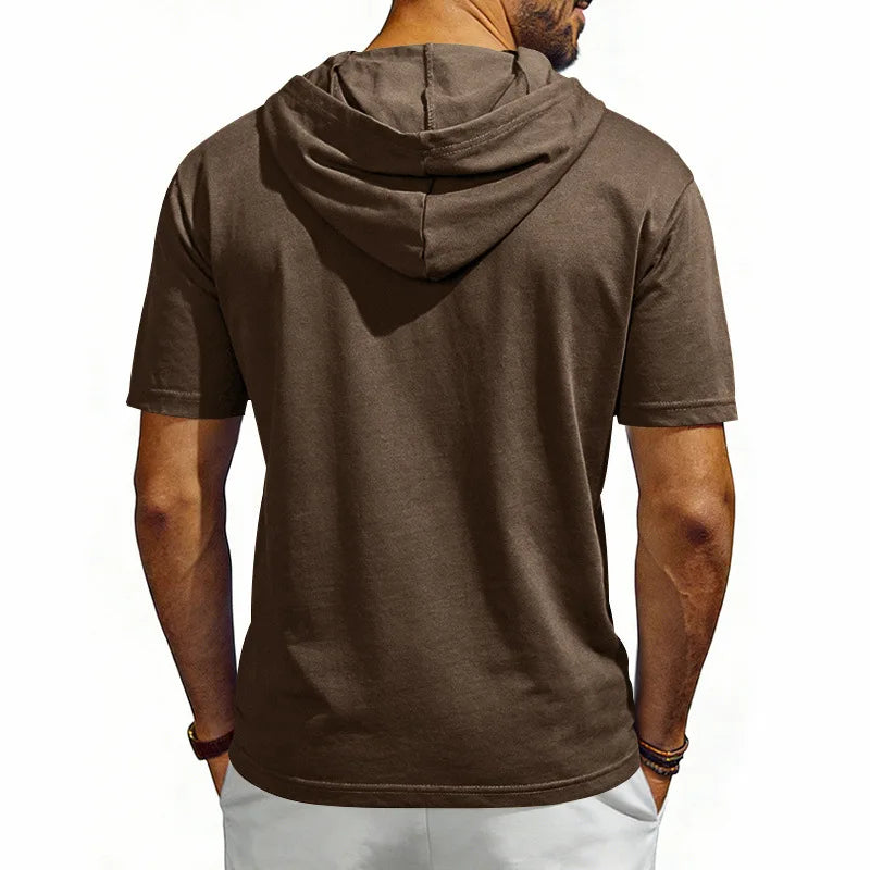 Summer Men's Short Sleeve Hooded T-Shirt Henry Neckline Drawstring Design Casual Loose Breathable Sporty Vest