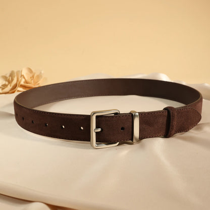 Luxury Suede Cowhide Leather Belt for Women, Vintage Style with Gold Buckle, 3.3cm Wide Waistband for Dresses & Jeans